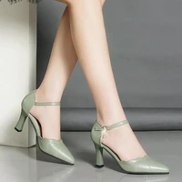 women fashion beige high quality pu leather buckle hollow spring summer square heel shoes pumps sapatos femininas 2022 new