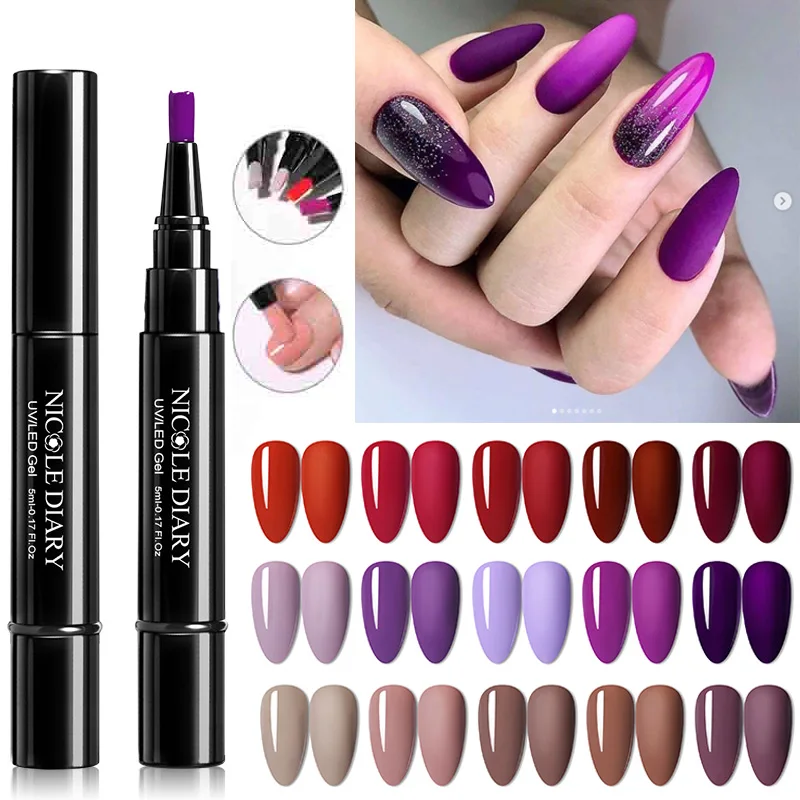 NICOLE DIARY Faster Shipping Purple Nail Gel Varnish Pencil One Step Pen No Need Top Base 3 In 1 UV Glitter Polish | Красота и