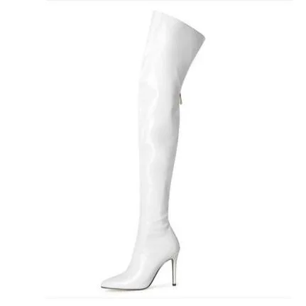 

2020 new pointed stiletto shoes red white blue patent leather women's boots back zipper knee high boots size