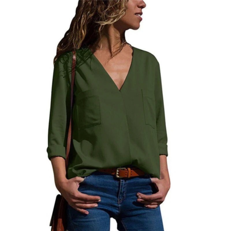 

Blusas Femininas New Women V-Neck Solid Cotton Blouse Tops Sexy Fashion OL Long Sleeve Shirt Blouses 3 Colors