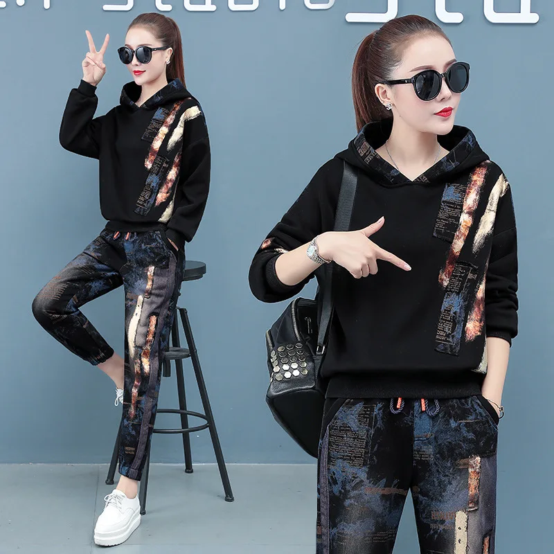 売る 2021韓国のファッションスタイルの女性の春プリントは付きのスエットシャツとハーレムパンツラウンジ二枚を着用セット新