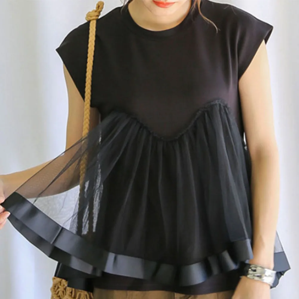 

Japanese Style Nice Summer Pop Korean Fashion Loose Casual Net Yarn Splicing Solid Color Round Neck T-Shirt Summer