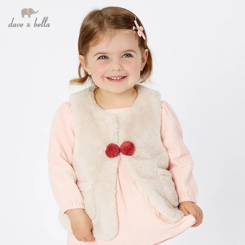 DBA11050 dave bella winter kids girls cute appliques solid pink pockets coat children fashion sleeveless vest | Мать и ребенок