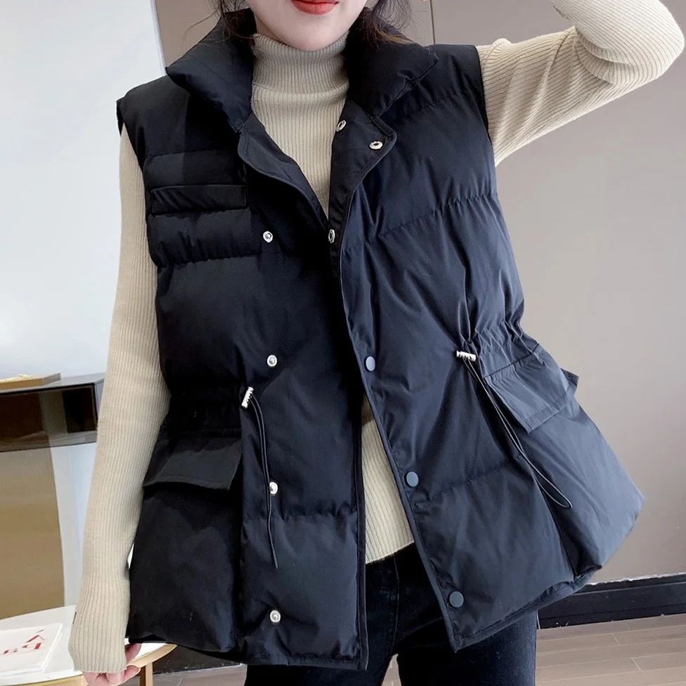 

Short Vest Women Warm Waistcoat Slim Winter Down Jacket Sleeveless Casual Vest Solid Women Coat Drawstring Chaleco Mujer 2021