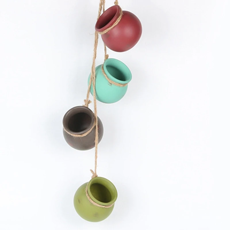 

6PCS Mini Color Flowerpot Rope String Cylinder Succulent Ceramic Hanging Bowl Basket Wall Hanging Garden Flower Pot