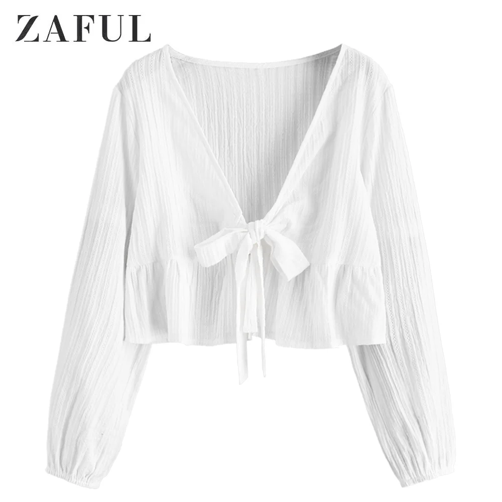 Женская однотонная укороченная блузка с v образным вырезом и оборками на подоле