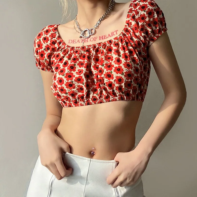

Summer Women Vintage Y2k Girls Floral Mini Top Streetwear Fashion Off The Shoulder Gorgeous Flowers Printed Crop Top Streetwear