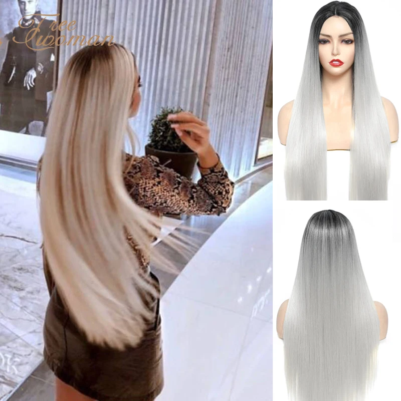 FREEWOMAN długi biały peruka z prostymi włosami z naturalną linią włosów ciemne korzenie środkowa część peruki syntetyczne dla kobiet Party sztuczne włosy peruki