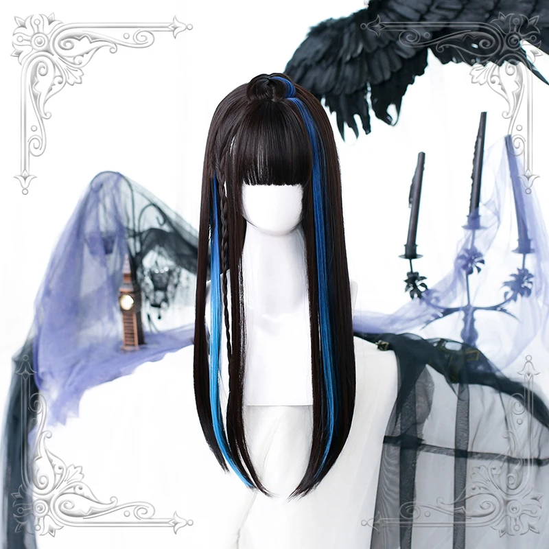

Female Long Straight Bangs Black Wig Part Gradual Change Dyed Blue Women Natural Synthetic Wigs Cosplay Party