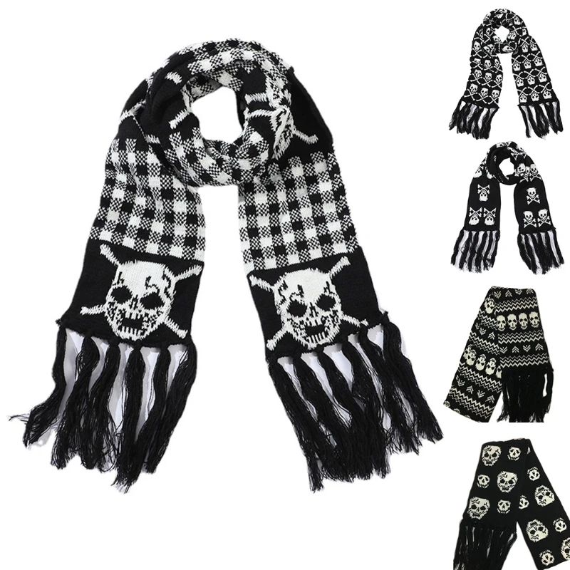 Scarf With Fringes For Men Black And White Stylish Knitted Wool Feel Long Fashion Scarf With Fringes Skull Crossbones