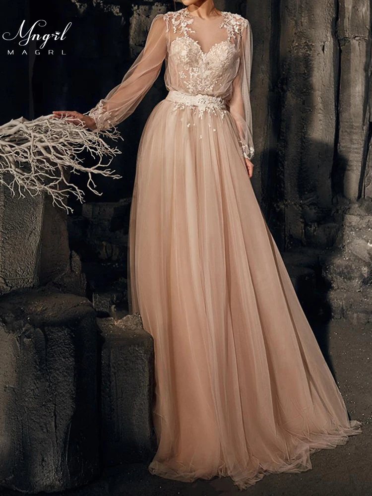 

MNGRL Wedding Dress Simple Retro V-neck Long Sleeve Hand Drill Lace Wedding Gown Backless Plus Size Bridal Dresses