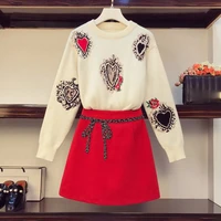 women sweet heart shaped jacquard wool knitted pullover sweater bow beading red skirt suit autumn winter girls 2 pieces set