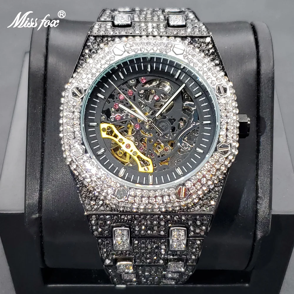 

MISSFOX Luxury Mens Watches Iced Out Full Daimond Mechanical Watch Fashion Hip Hop Automatic Clock Hollow Dial Relogio Masculino