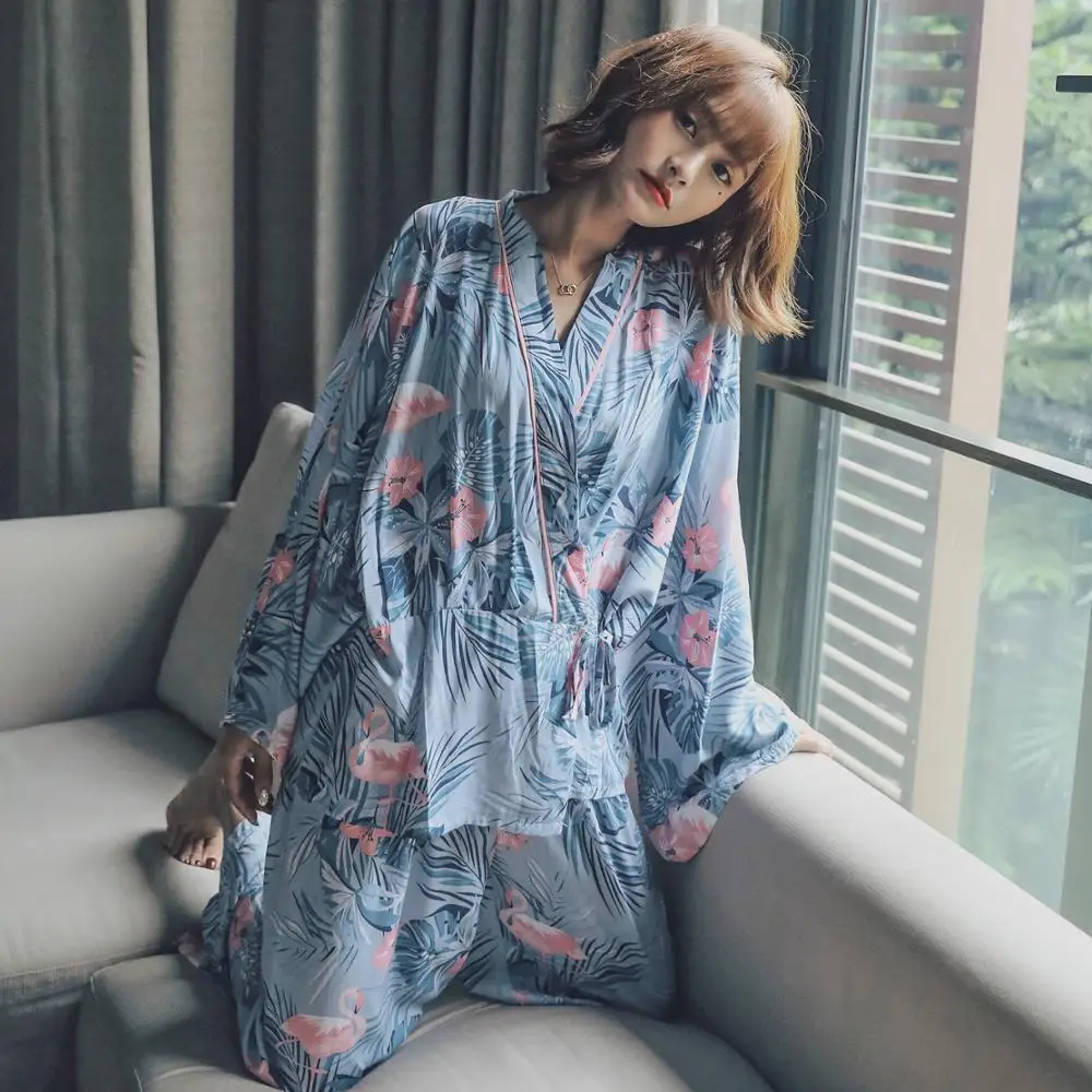 

JRMISSLI Flamingo Print Pajamas Women's Cotton Sleepwear Women Home Clothing For Autumn V-neck Pyjama Femme Soft Pijamas