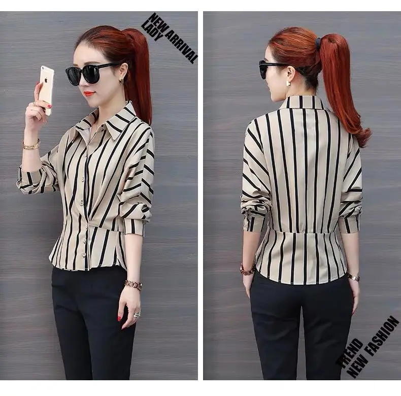 

Single-breasted Striped Chiffon Shirt Femal Long-sleeved Button Decoration Loose Fashion Temperament Blouses Women Spring Autumn