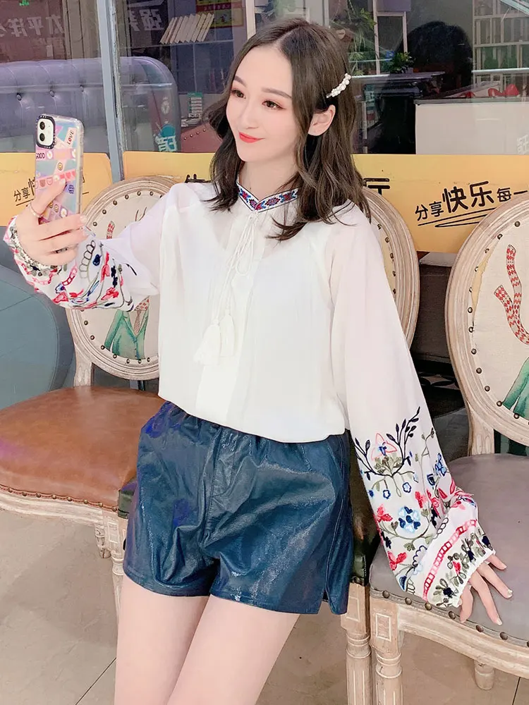 Женская Длинная блузка с длинным рукавом Привлекательный Топ вышивкой и