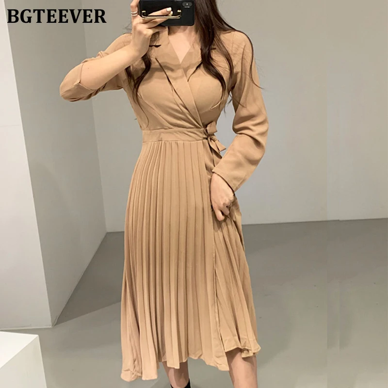 BGTEEVER офисное женское плиссированное платье с зубчатым воротником и длинным