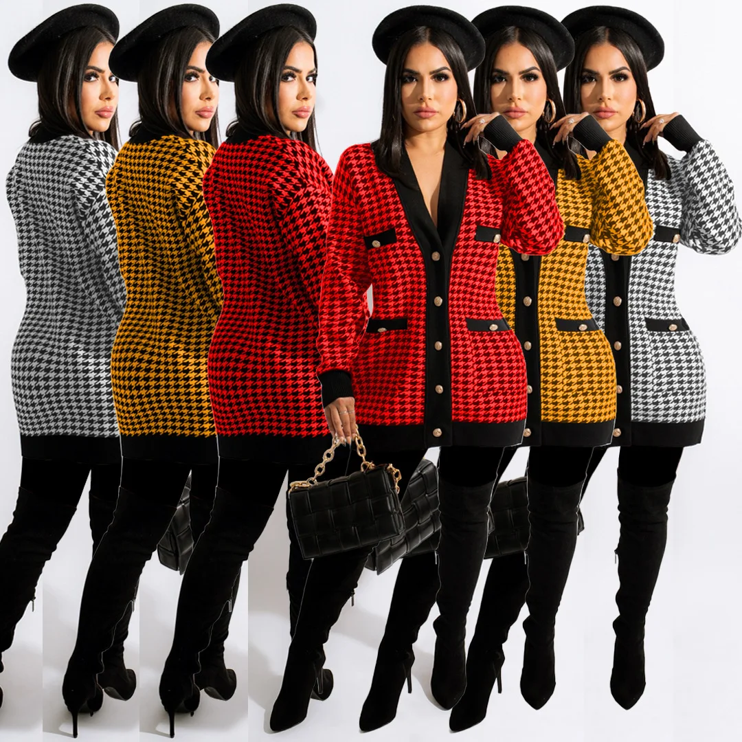 

Houndstooth Print Coats Women Fall Winter New Patch Pocket Button Front Coat