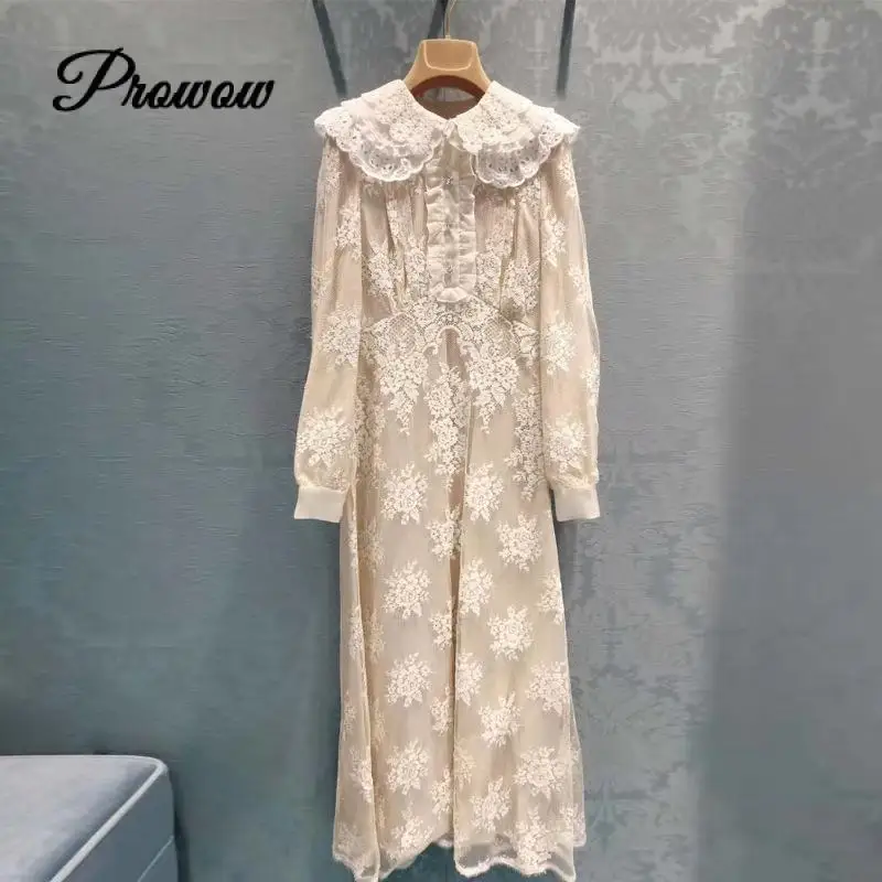

2020 Early Autumn Brand Designer Peter Pan Ladies Lace Mid-length Dress Ladies Slim Long Sleeve Elegant Party OL Female Dress