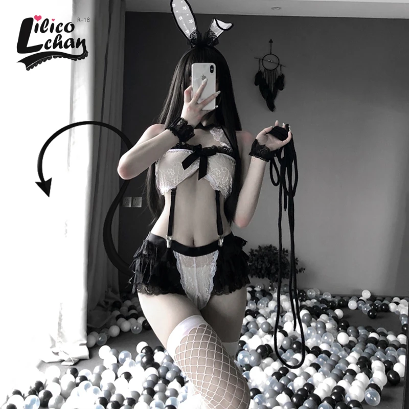 

Sweet and Cute Bunny Girl Role Play Uniform Sexy Erotic Costumes Open Crotch Lingerie Lace Perspective Temptation Split Suit
