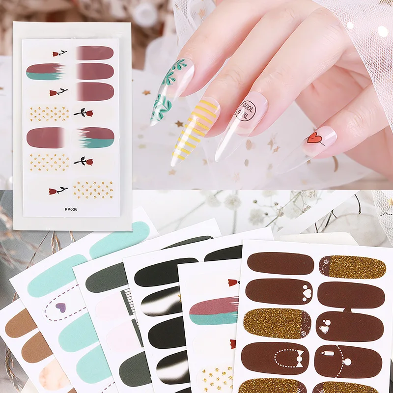 

PinPai 14 наклеек/лист полное покрытие для ногтей Стикеры с отделкой разработан клей для накладных ногтей наклейки Водонепроницаемый Маникюр С...