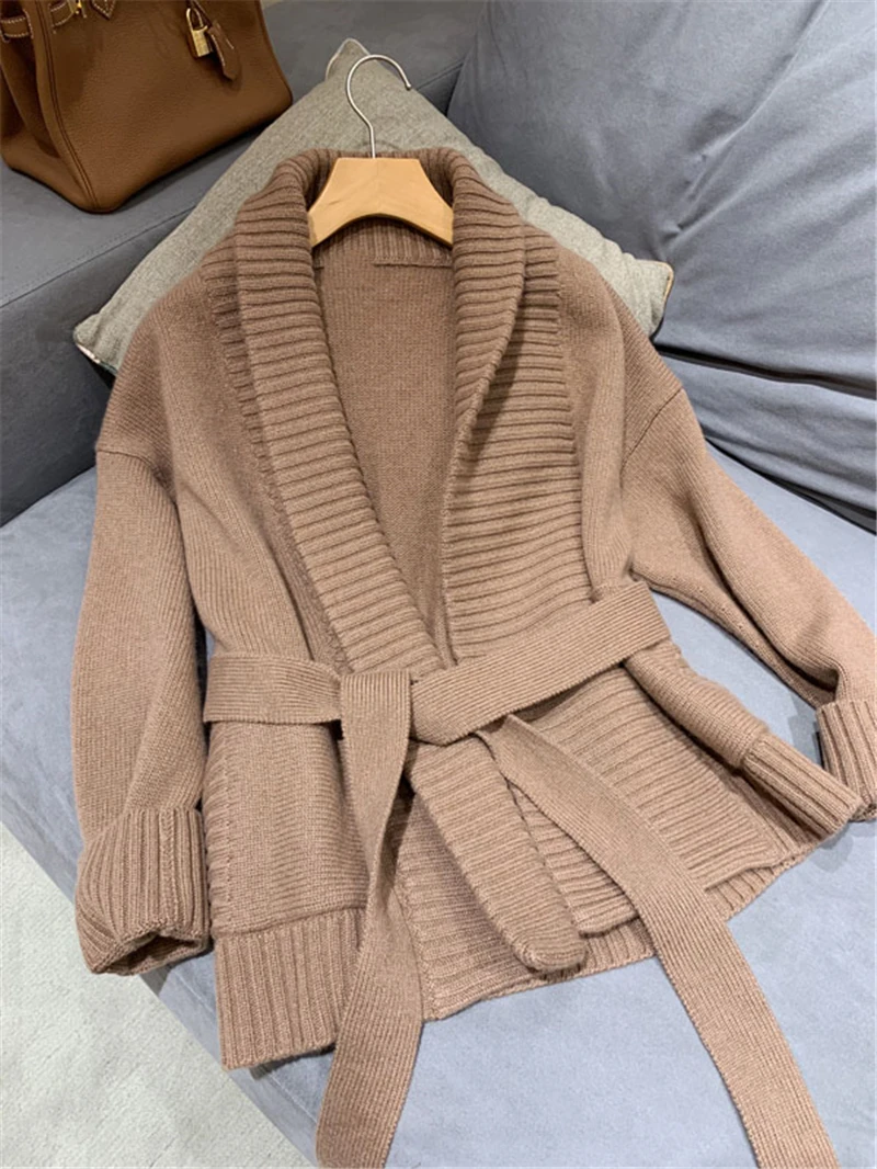 

new fashion cashmere thick knit women autumn winter sweaters belt cardigans coat short style wide loose S/M/L
