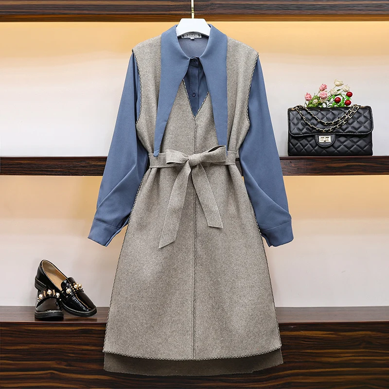 Женское платье из двух частей размера плюс осень 2019 винтажные рубашки с длинным