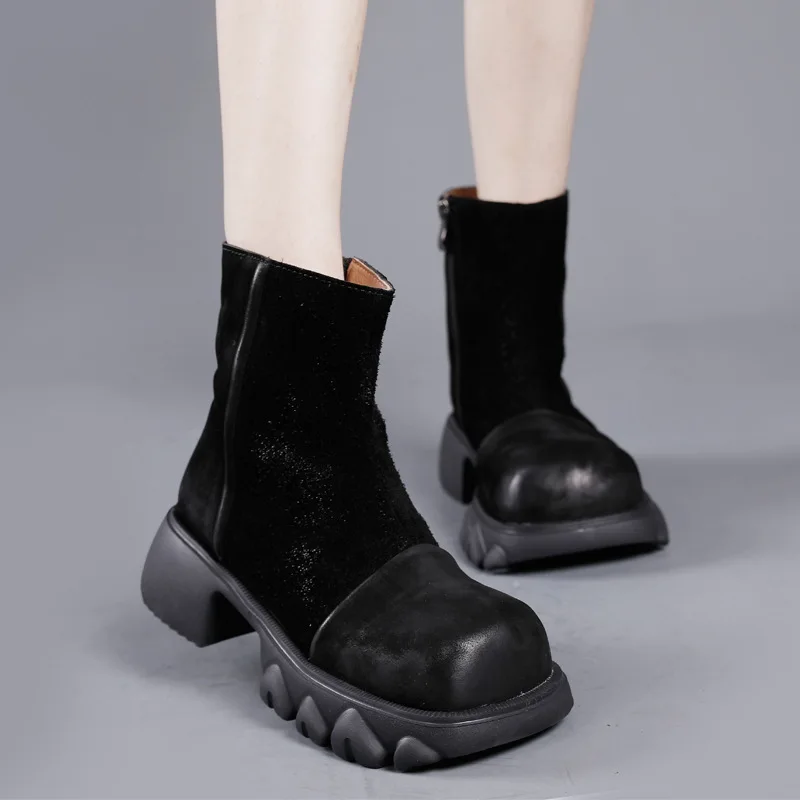 

Birkuir 2021 New Women Boots Retro Shoes Autumn Winter Genuine Leather Matte Zip Square Toe Handmade Concise Platform Lady Boots