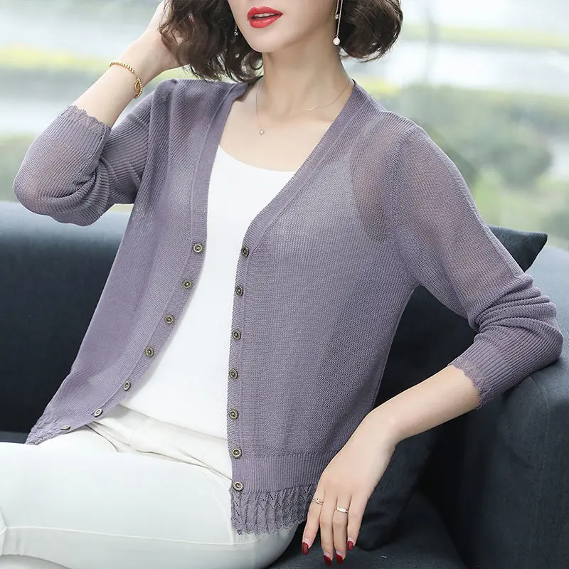 Женский тонкий вязаный кардиган открытая кофта с длинным рукавом и V образным
