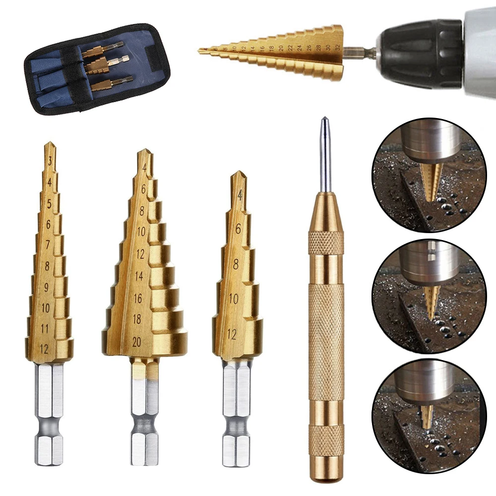 

4PCS HSS Step Cone Drill Bit Hole Cutter Dint Tool 3-12mm 4-12mm 4-20mm Hex Shank Step Drills Titanium Coated Metal Drill Bit