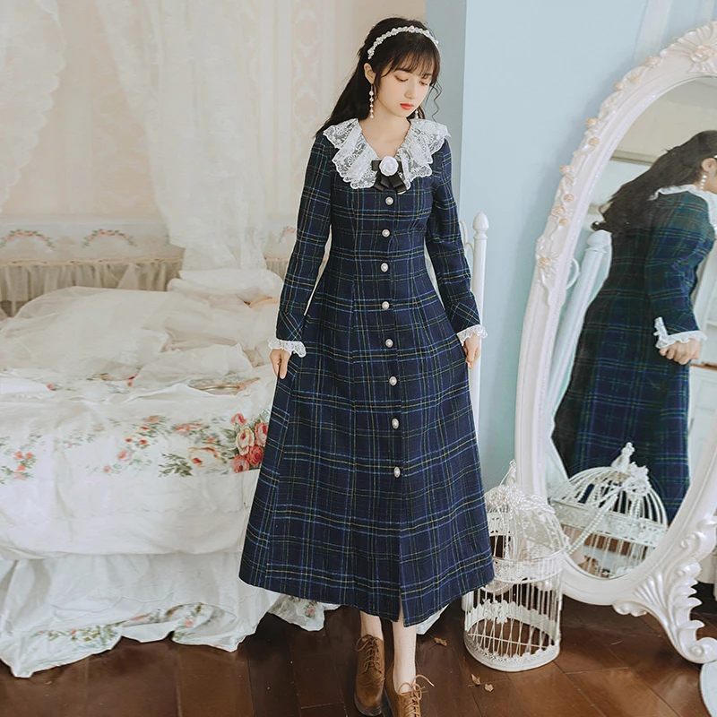 2019 Новая мода Женская одежда с длинным рукавом осень и зима клетчатое платье для