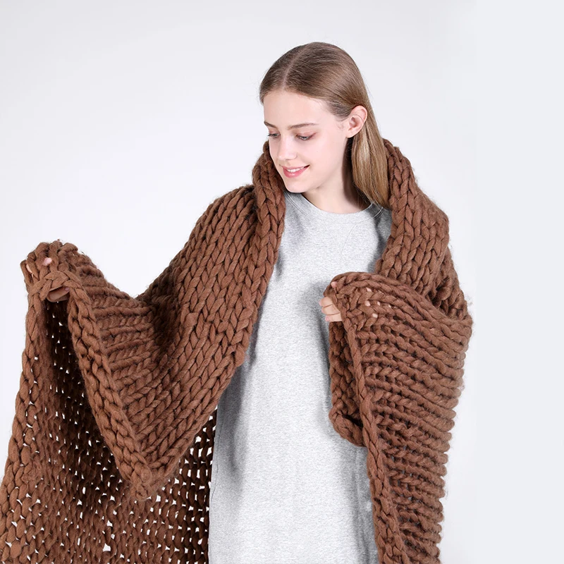 Вязаное одеяло ручной работы из толстой шерсти объемное вязаное большое мягкое