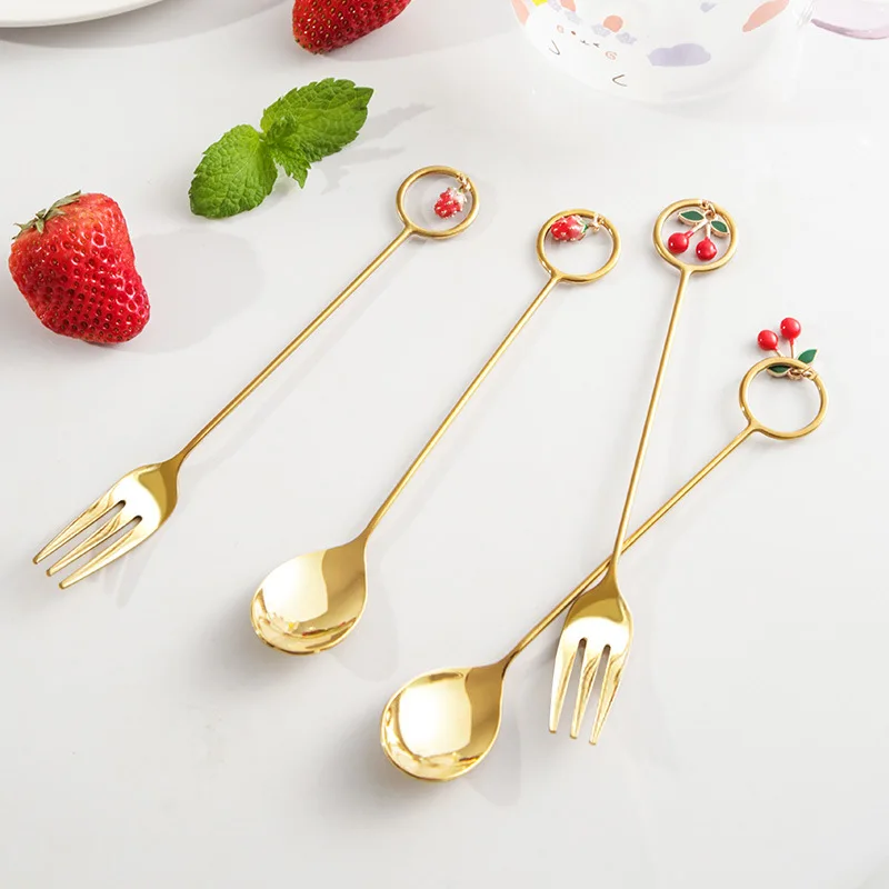 

1Pcs Fruit Pendant Stainless Steel Tableware Set Gold Coffee Spoon Fork Cute Flatware Set Home Luxury Dinnerware Safe Cutlery