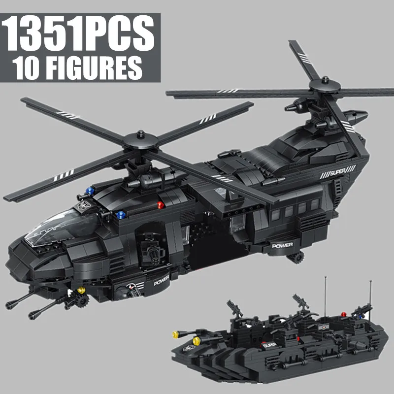 

New 1351PCS 10 Figure Military Toy Transport Helicopter SWAT Team City Police Building Block Brick Children Kid Gift
