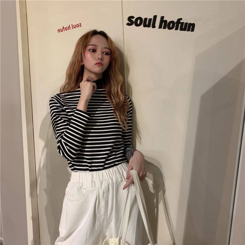 6 цветов осень 2019 корейский стиль водолазка тонкие футболки с длинными рукавами