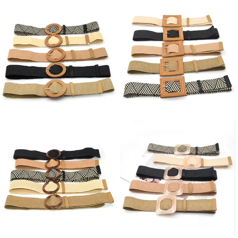 2020 1pc Summer Women Braided Elastic Belt Buckle Vintage Bohe Straw Buckle Belt Women Knitted Belt Dress Belt 4styles