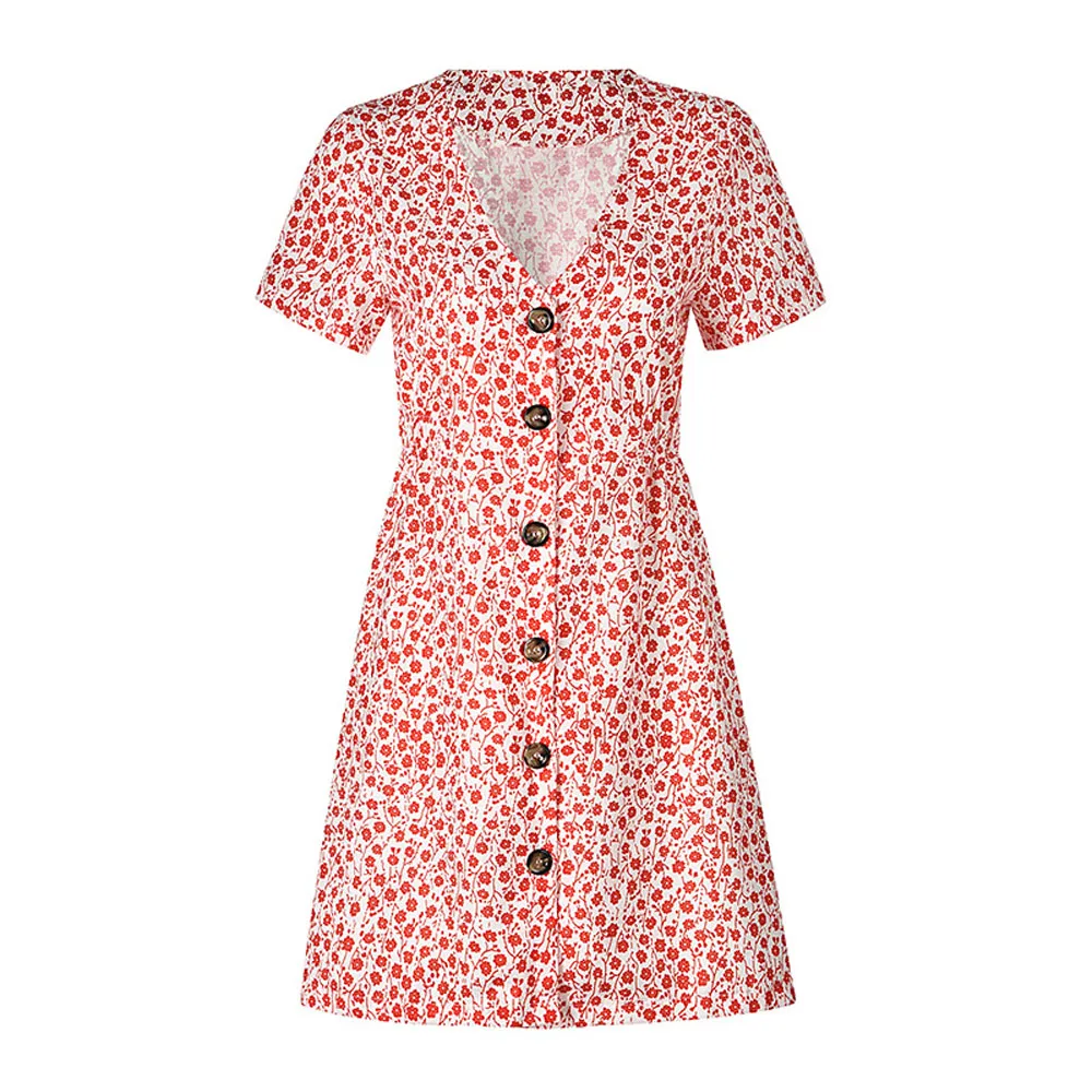 

Fashion Women Floral Casual Mini Dress Sexy V-Neck Short Sleeve Buttons Women New Summer Dresses Print Dress Female Vestidos