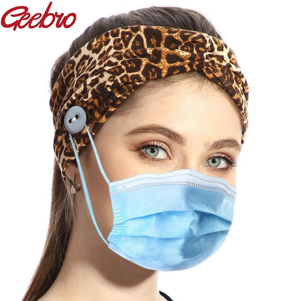 

Geebro Women Elastic Leopard Soft Yoga Running Headband With Button Sweatband Cross knotted Hairband Protect Ears Hair Accessory