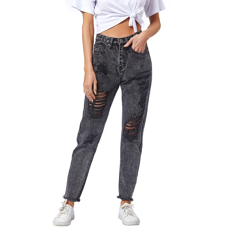 

Spring and Autumn European American women's jeans casual street ripped straight-leg pants