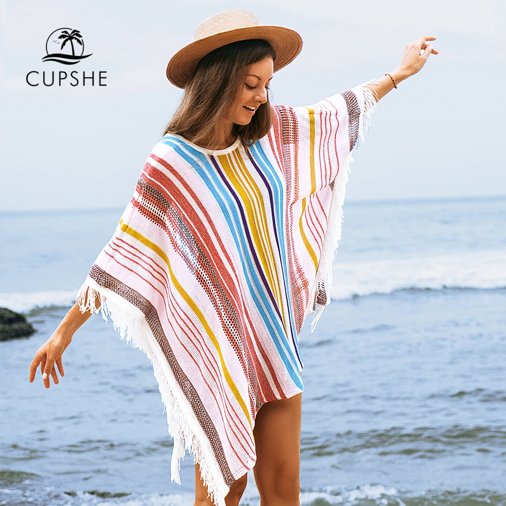 

Cupshe White Crochet Bikini Cover Up with Fringe Trim Women Sexy Hollow Tunic Beach Dress 2021 Summer Bathing Suit Beachwear