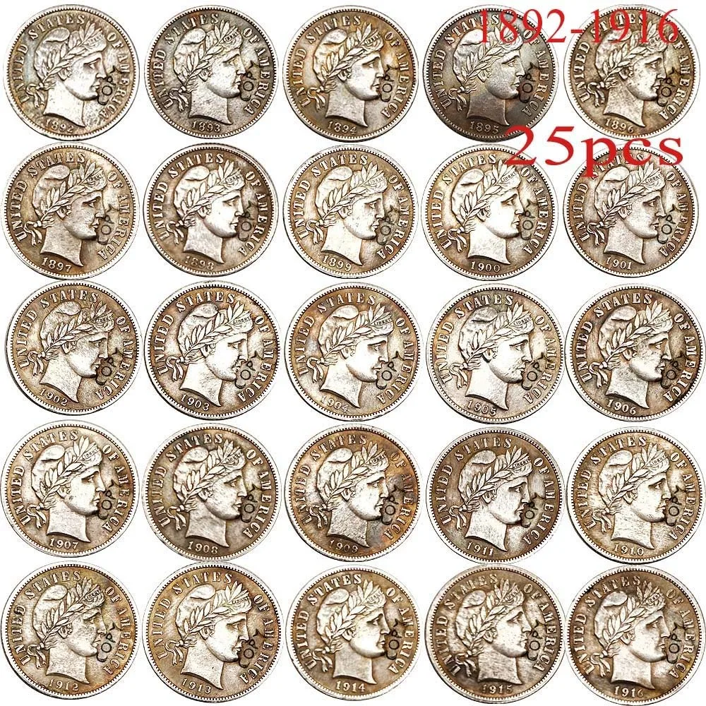 25 шт США копия монет 1892-1916 парикмахерские Dime различные годы 2,5 г монеты