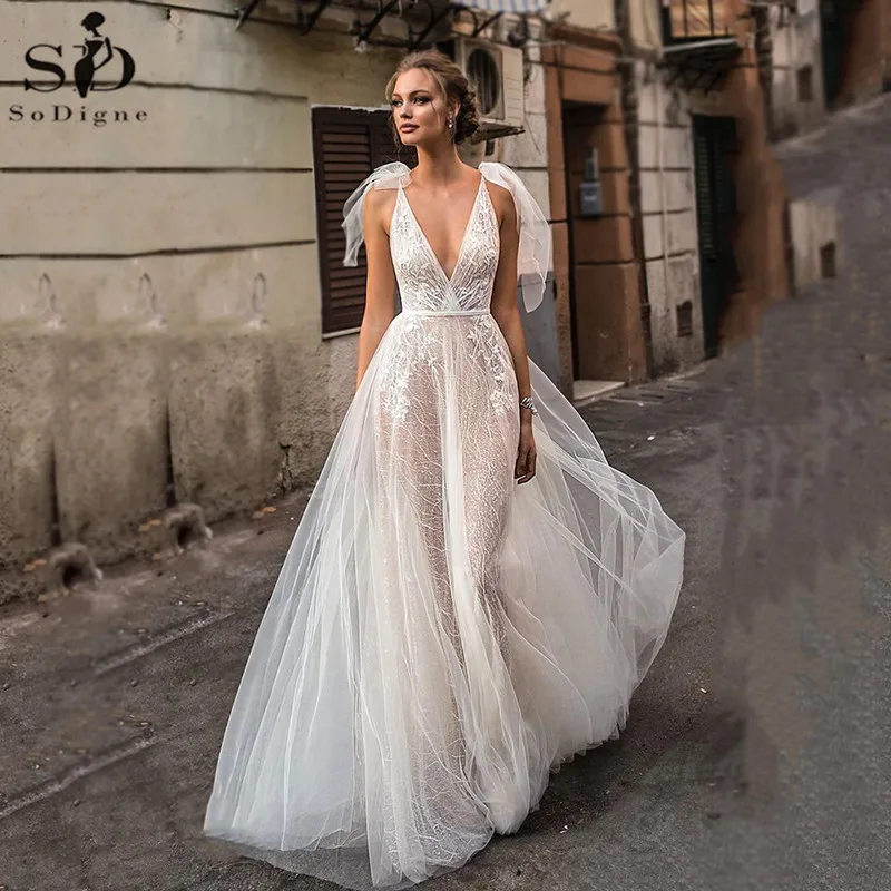 

SoDigne Elegant Lace Wedding Dresses Boho 2020 Sexy Backless V Neck Illusion Bridal Gowns Beach Wedding Gowns vestido de noiva