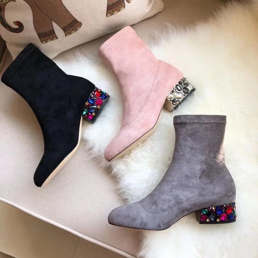 Luxury Brand Colorful Rhinestone Women Ankle Boots Suede Leather Round Toe Flats Winter Warm Shoes Party Dress Short Woman | Обувь