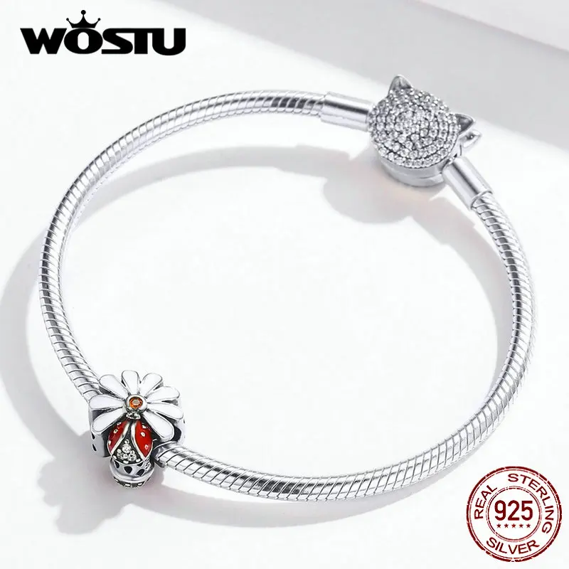 WOSTU Настоящее серебро 925 пробы божья коровка цветок шарм подходит для