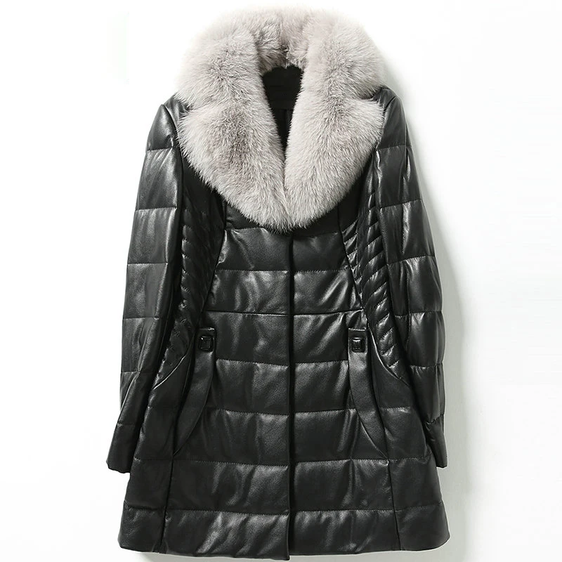 Женское осенне зимнее пальто из натуральной кожи с воротником лисьего