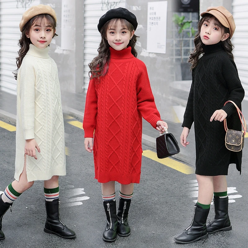 Осенние свитера с высоким воротником для девочек плотные вязаные платья длинный