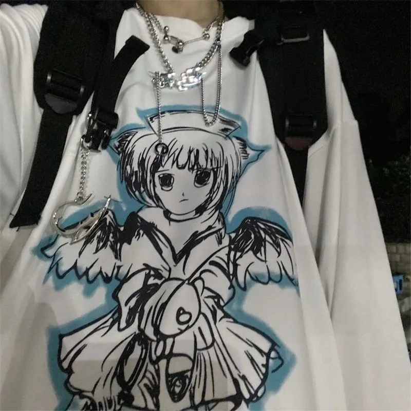 

Black Loose Tshirt Streetwear Summer High Street Women Harajuku Long Sleeves Tops Tee Hip Hop Gothic Funny High Street Tshirt