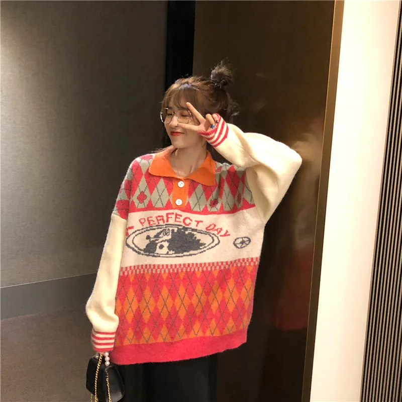 Playful Cartoon Puppy Jacquard Pullover Autumn Fashion Women's Contrast Rhombus Plaid Lapel Knit Warm Sweater | Женская одежда