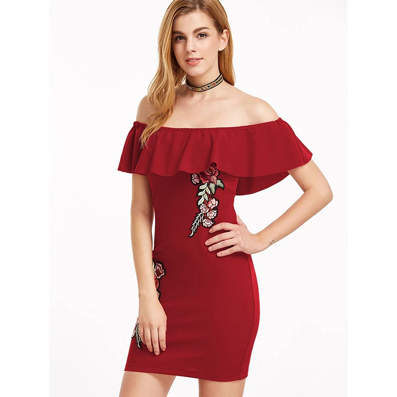Summer Sexy Rose Embroidery Women Dress Butterfly Sleeve Slash Neck Pack Hip Dresses Off Shoulder Sheath Party Mini | Женская одежда