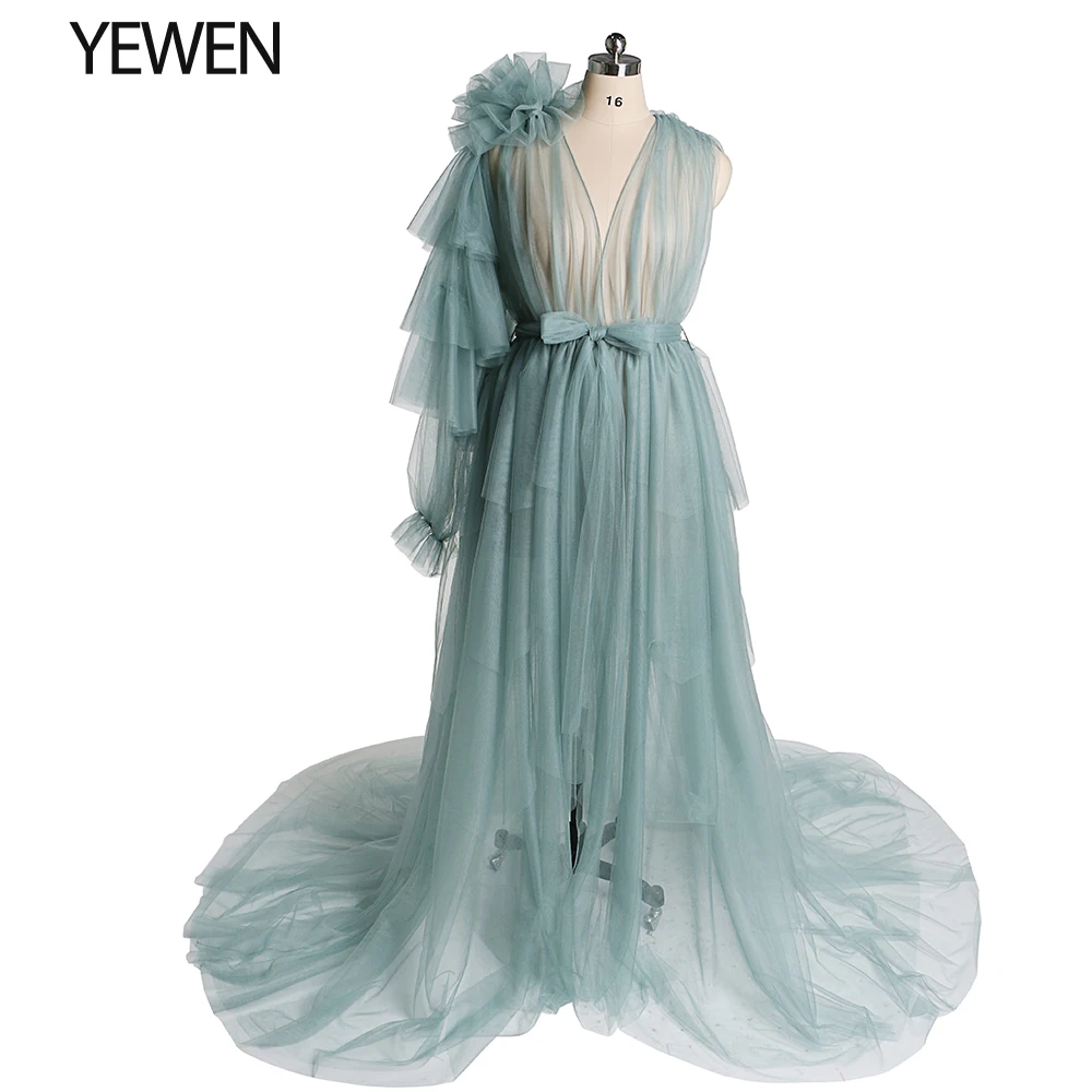 One Shoulder Long Sleeve Bean Green Maternity Dress for Photo Shoot or Baby Shower 2021 Maternity Gown YEWEN